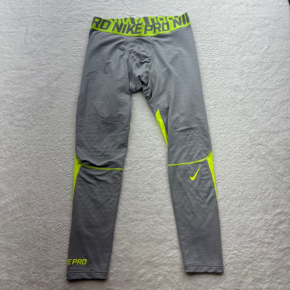 Nike Pro Hyperwarm Compression Mens XXL Grey Neon Green Athletic Leggings